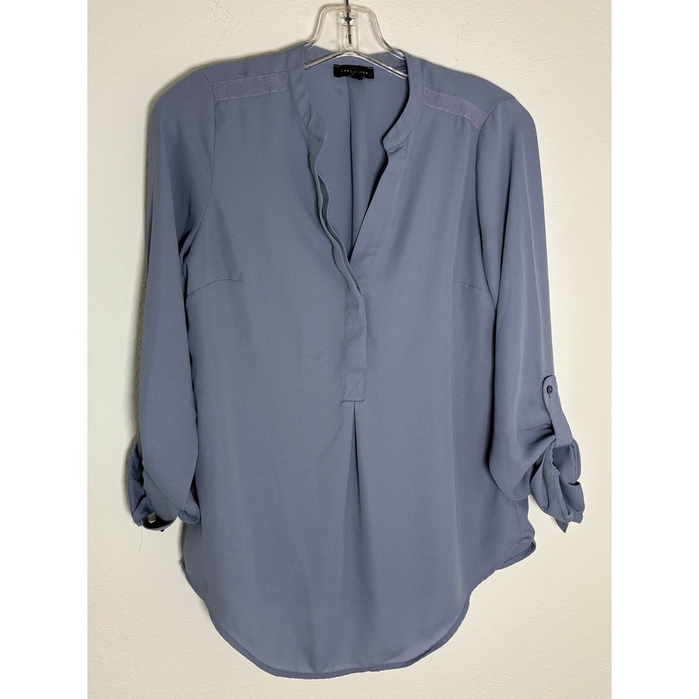 The Limited Womens XS Blue‎ Gray Split Neck Roll Tab Sleeve Blouse Pleated Top